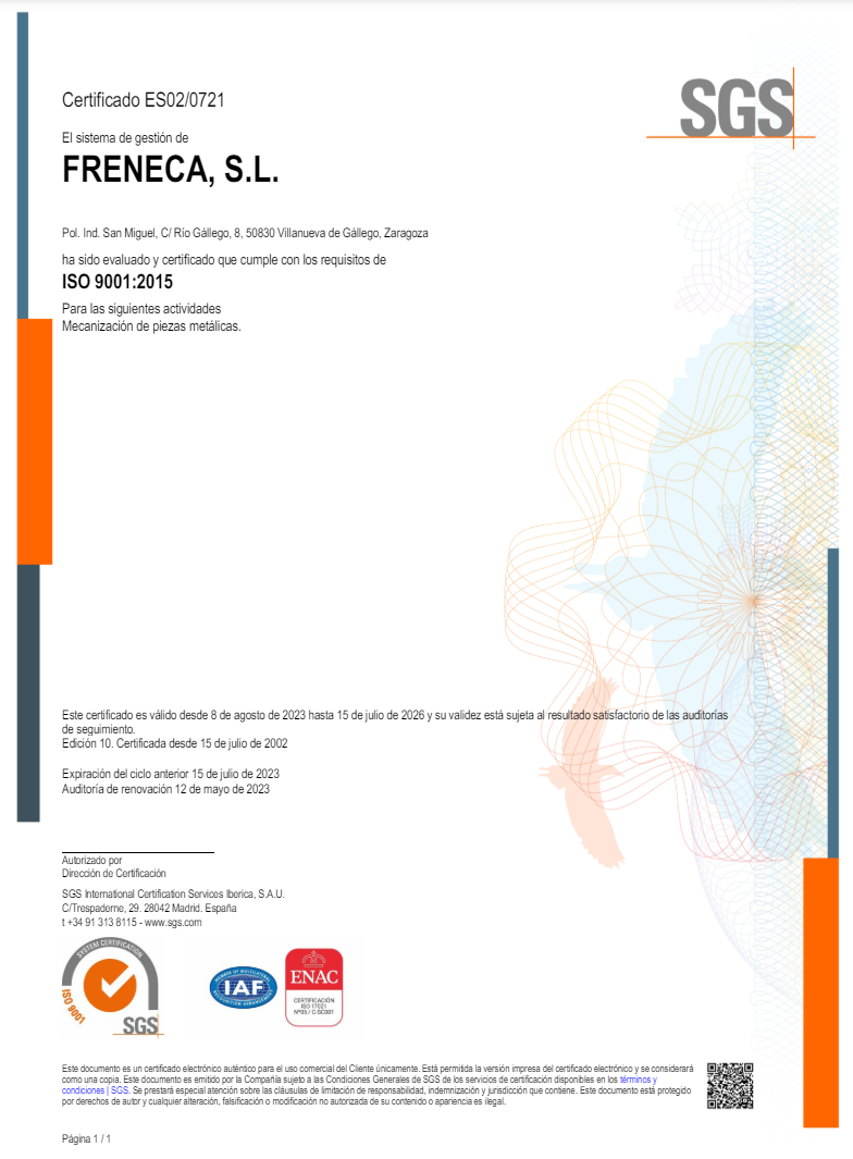 Certificación de calidad Freneca S.L 